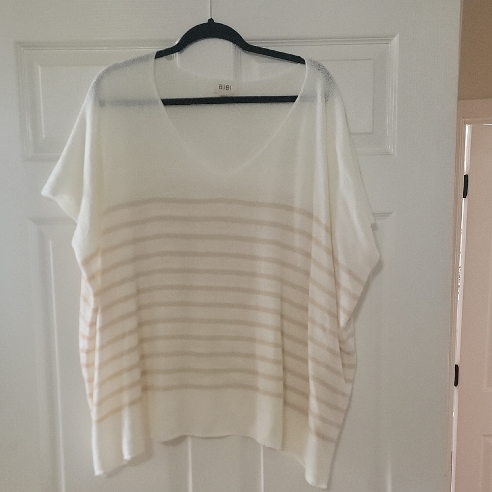 BiBi White and Cream Striped V-Neck Sweater Top